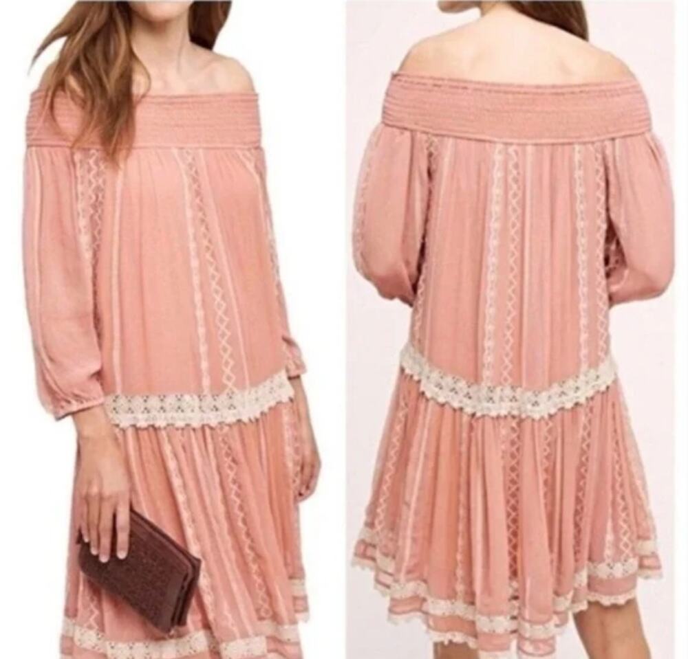 Anthropologie Floreat Pink Off Shoulder Lace Trim Boho Mini Dress Small